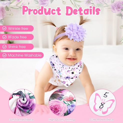 Chumia 6 Pcs Monthly Baby Milestone Blanket Set, Baby Age Blanket with Bandana Frame Headband for Girls Boys (Purple)
