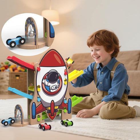Playsets 4 2 3 Wooden Race Track Car Ramp Racer Toy for Toddlers, Rocket Car Ramp Toy Vehicle with Mini Cars - Fine