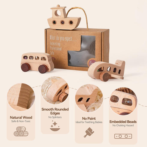 1-3, Set Wooden Cars for Toddlers Wooden Vehicles Baby Cars with Bus, Airplane and Boat, Montessori Rattle Toys