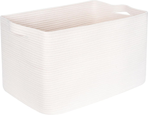 MINTWOOD Design 22in Extra Large Blanket Basket Holder, Rectangle Rope Woven Storage Baskets with Handles, Creamy White