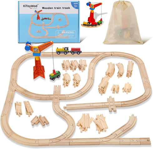 KiToyWod Set 62pcs, Pack 3-10 (62 Wooden Train Track Wood Railway Systems Accessories Expansion with Train + Crane