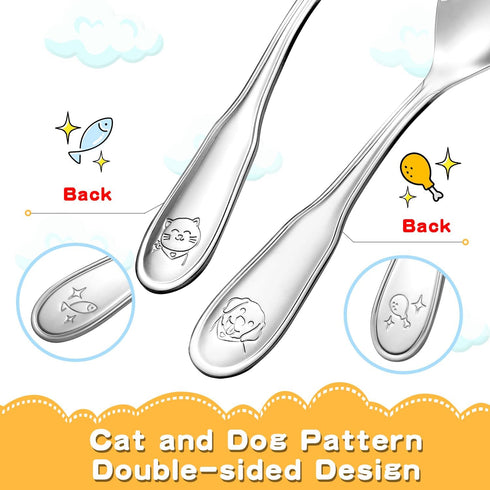 Toddler Utensils Kids Silverware Set, 8 PCS 18/10 Stainless Steel Cutlery with Dog & Cat Pattern, Dishwasher Safe