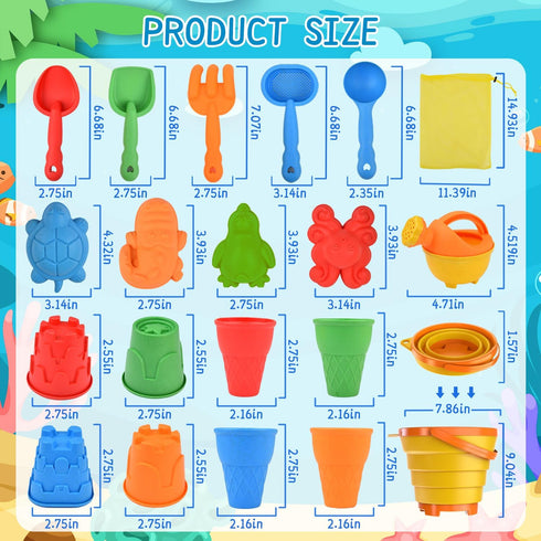 Beach Toys Set for Kids, Collapsible Sand Bucket and Shovels with Watering Can, Mesh Bag, Ice Cream & Animal Sand