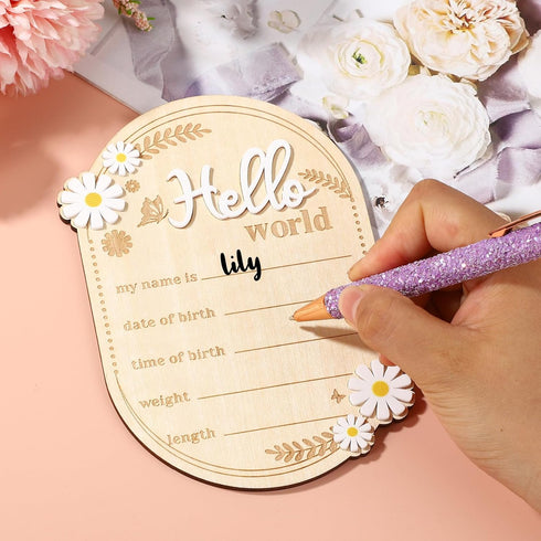 Penitue Wooden Baby Announcement Sign, Hello World Newborn Birth Signs Cute Daisy Decors Welcome New Baby Arrival Name