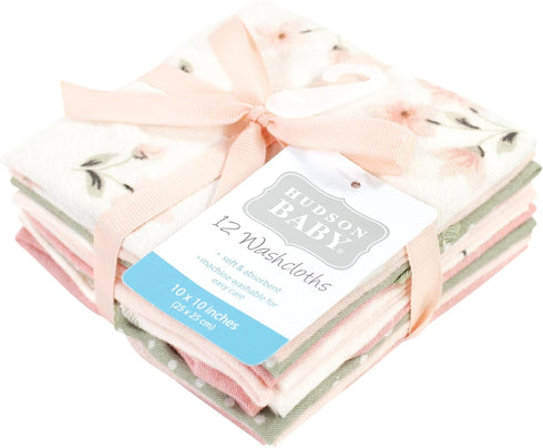 12 Pack, Hudson Baby Unisex Baby Flannel Cotton Washcloths, Pink Dainty Floral One Size
