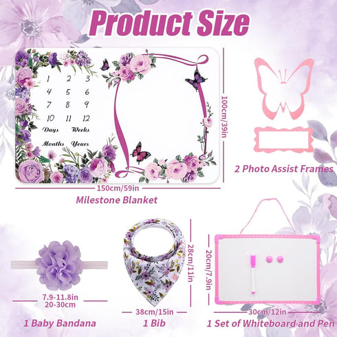 60x40 Inches), Milestone Blanket for Baby Girl (Purple with Photo Aid Frame, Saliva Towel, Erasable Writing Board, Hair
