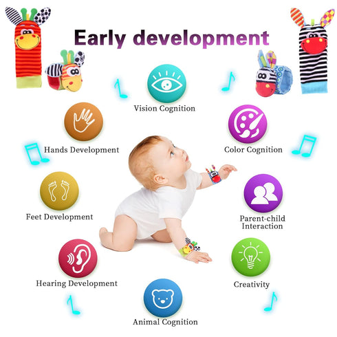 Wrist Rattle Foot Finder Socks Set - Newborn Soft Sensory Toys, Baby Rattles for 0-3 6-12 Months
