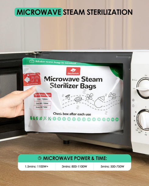 20 Count (20 dearlomum Microwave Steam Sterilizer Bag for Baby Bottles Uses Per Bag), Reusable Travel Sterilization