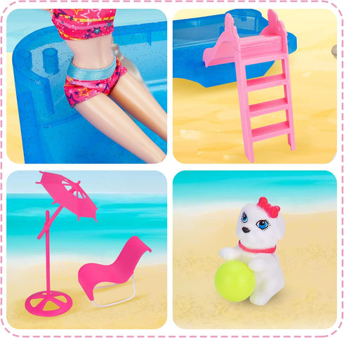 BETTINA Pool Playset with Glam Pool, Slide, Beach Chair, Umbrella, Dog for 12 Inch Dolls