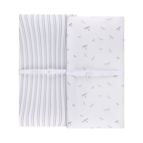 Set Changing Pad Cover and Crib Sheet Bundle (Blue Dragonflies + Stripes Print)