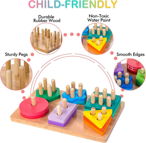 1 2 3 24-Piece 12 12+ Wooden Sorting & Stacking Toys, Montessori Toys for Years Old Toddlers, Shape Sorter Puzzles