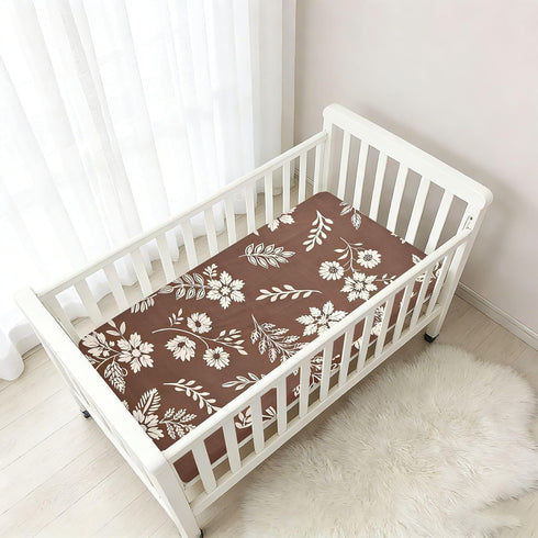 CZXW 52" 28" Boho Floral Brown Crib Sheets Fitted x Natural Cotton Soft & Breathable for Baby Crib Mattress