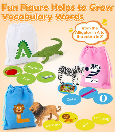 Set 104 26 Alphabet Learning Toys for Toddlers, Word Work Small Group with Phonics Flash Cards and Animal Figurines