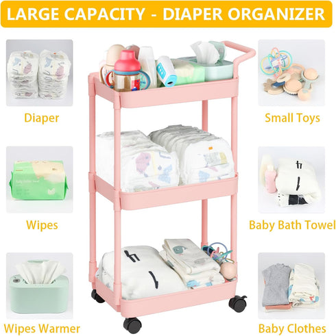 Volnamal Diaper Caddy - Plastic Diaper Organizer for Nursery Essentials, Baby Organizers and Storage, Movable Cart