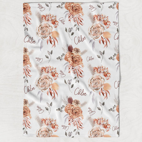 Stork Wares 30x40', (BB335) Boho Caramel Floral Personalized Baby Girl Swaddle Blanket, White
