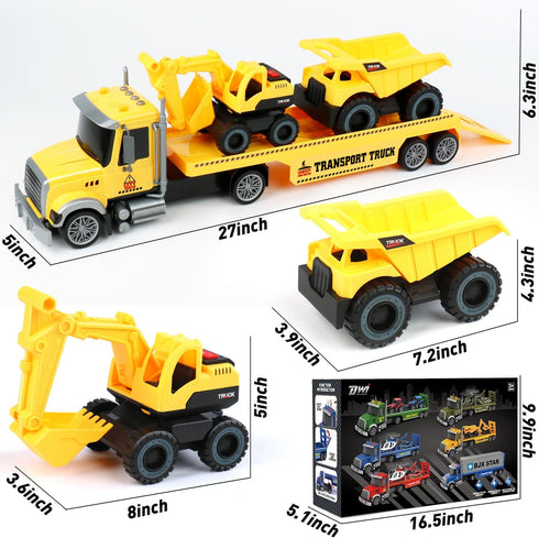 27" 3 4 5 Dwi Dowellin Large Friction Powered Construction Truck Car Toy with Excavator and Dump,Semi Truck Toys