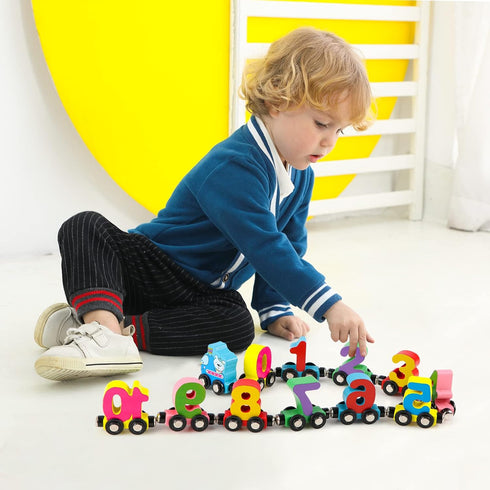 12 Set 1 Set Wondertoys PCS Wooden Number Train Toy Includes Engine Cars for Toddlers Boys and Girls, Compatible