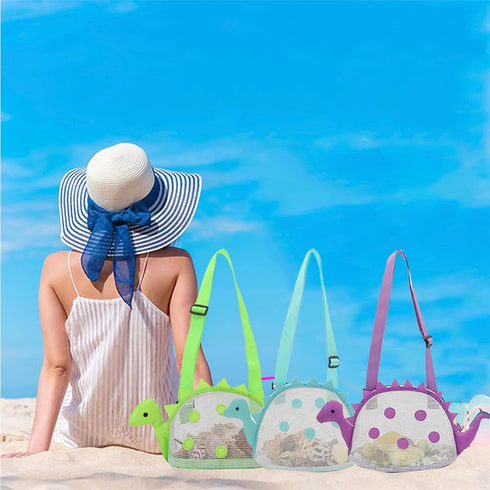 AUONY Swimming Beach Toy Mesh Beach Bag Kids Shell Bag Dinosaur Beach Sand Toy Totes for Holding Shells Beach Toys Sand