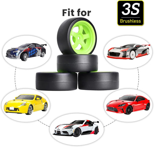 12mm Hex RC Drift Car Wheels and Hard Slick Tires for 1/10 Scale, Set of 4