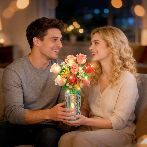 14 Set 747 CUBIMANA Flowers Bouquet Building with Vase and LED Light, for Women, PCS Mini Roses Flower Building Blocks