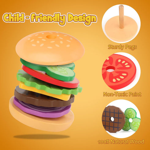 Montessori Toys for 3 Year Old - Wooden Burger Stacking Toys for Toddlers - Educational Fine Motor Skill Toy