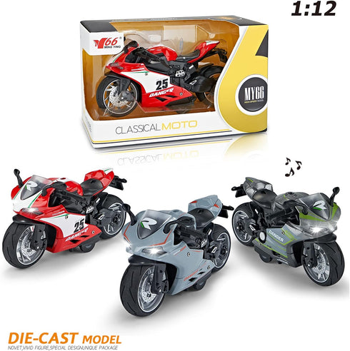 Pull Back Motorcycle Toys with Music Light - Race Motorcycles Gift for Boys 3-8 Years Old (RedWhite)