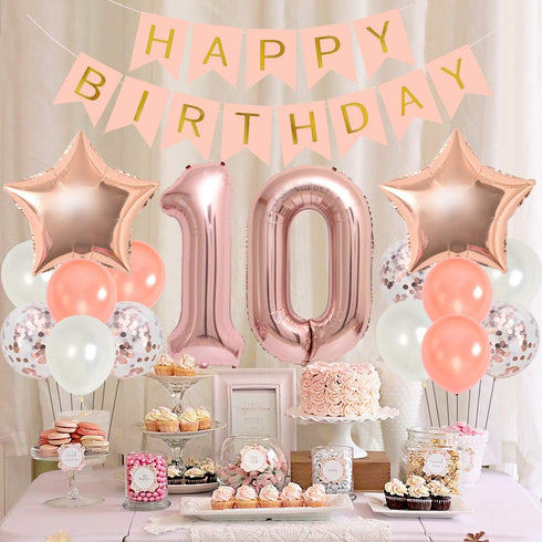 10th Birthday Decoration Girl, Rose Gold Double Digits 10 Birthday Decorations with Balloons and Cake Topper