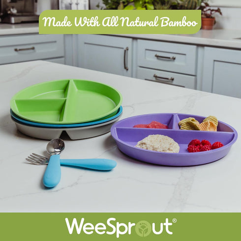 WeeSprout Divided Bamboo Plates for Kids, Kids Plates Made With Food Grade Natural Bamboo, Divided Design for Picky Eaters, Kid-Sized Reusable Tableware, Dishwasher Safe Dinnerware, Set of 4 by WeeSprout