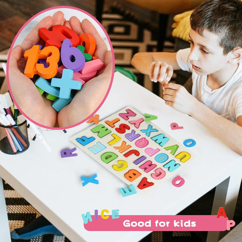 AMOR PRESENT 2PCS Educational Wooden Puzzles for Kids, Alphabet Number Shape Montessori Toys for Boys Girls
