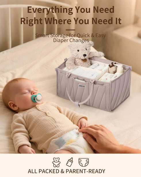 VKSAO Diaper Caddy Organizer Portable Storage Basket with Shoulder Strap & Stroller Hooks, Splashproof Quilted Nursery