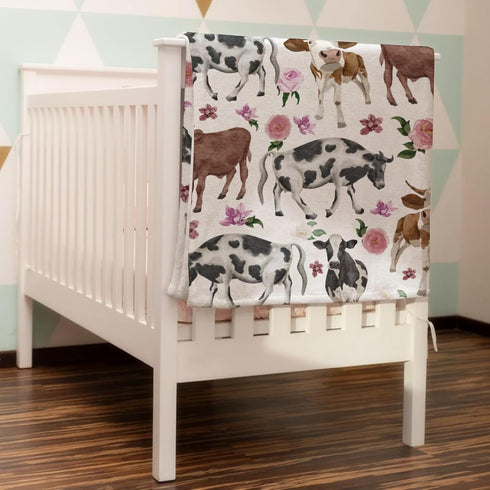 Watercolor Cow Boho Floral Baby Blanket - Farm Animals Flannel Swaddle Blanket for Boys and Girls, 30x40