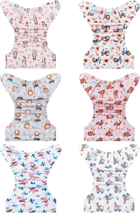 6 Pack 6 babygoal Reusable Cloth Diapers with Inserts & Wet Bag, Washable Pocket Nappy Starter Kit, Baby Boy & Girl
