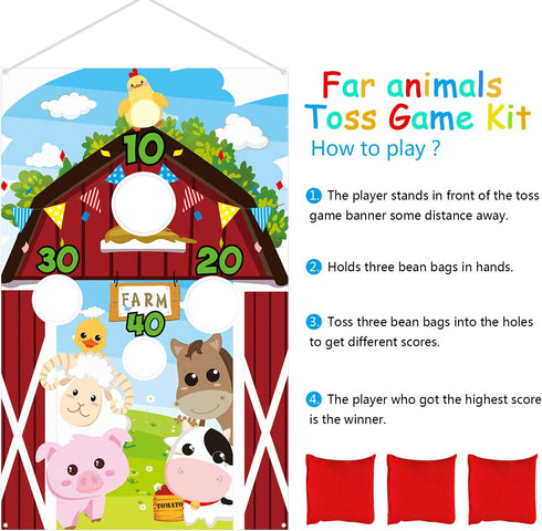 Farm Animals Toss Game with 3 Nylon Bean Bags, Indoor and Outdoor Party Game for Kids, Farmer Theme Decorations