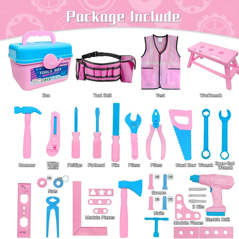 Set 55Pcs 3 4 5 6 7 Kids Tool Tool Box Toddler Tool Kit for Girls Play Tools Toy with Tool Belt Electronic Toy Drill