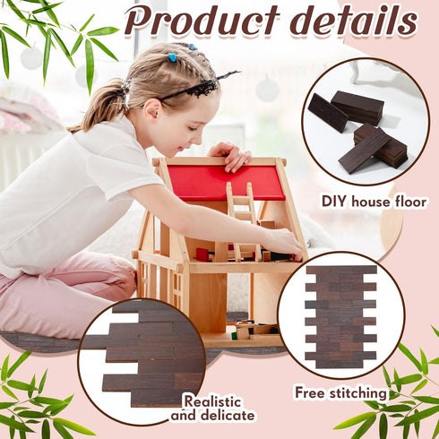 400 Pcs Miniature Dollhouse Flooring - 1:12 Scale Mini Wooden Floor Boards, Geometric Bamboo Doll House Furniture, Brown