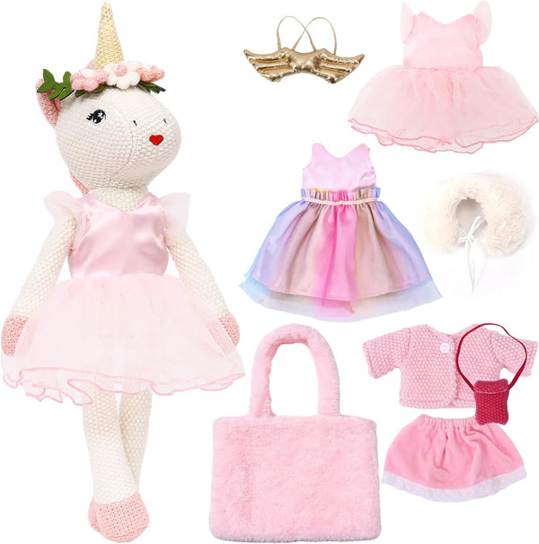 Unicorn Doll Stuffed Animal Toys for Girls, Ballerina Doll with Plush Carrier Bag, 3 Set Accessories