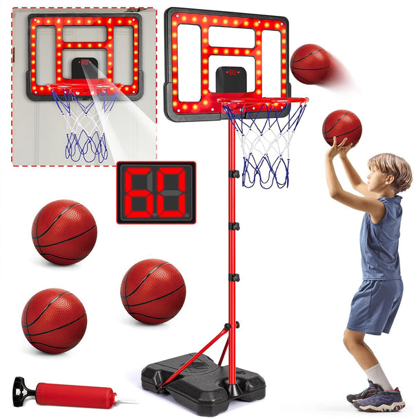 Kids Basketball Hoop Adjustable Height 3.5FT-6.2FT, Indoor & Outdoor with Scoreboard & LED for Ages 3-8