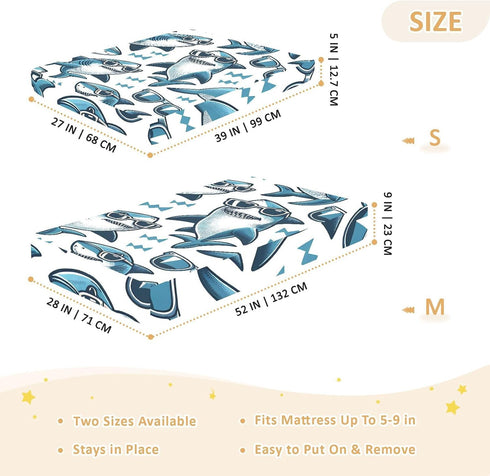 CZXW 52" 28" Funny Sharks Crib Sheets Fitted x Natural Cotton Soft & Breathable for Baby Crib Mattress