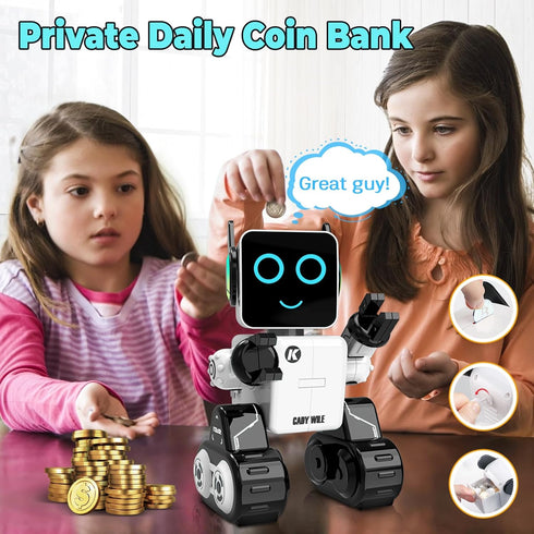 okk Robot Toys for Kids - Programmable Remote Control Robot with Coin Piggy Bank, LED, and Tray