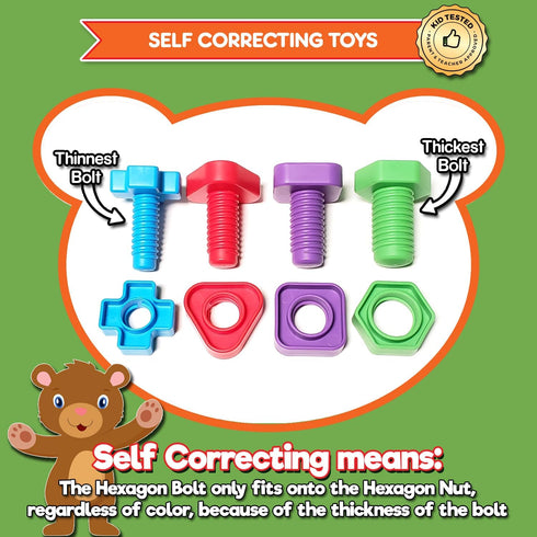 12 Jumbo Nuts and Bolts For Toddlers - Fine Motor Skills Rainbow Matching Game Montessori Toys For Toddlers & Toddler