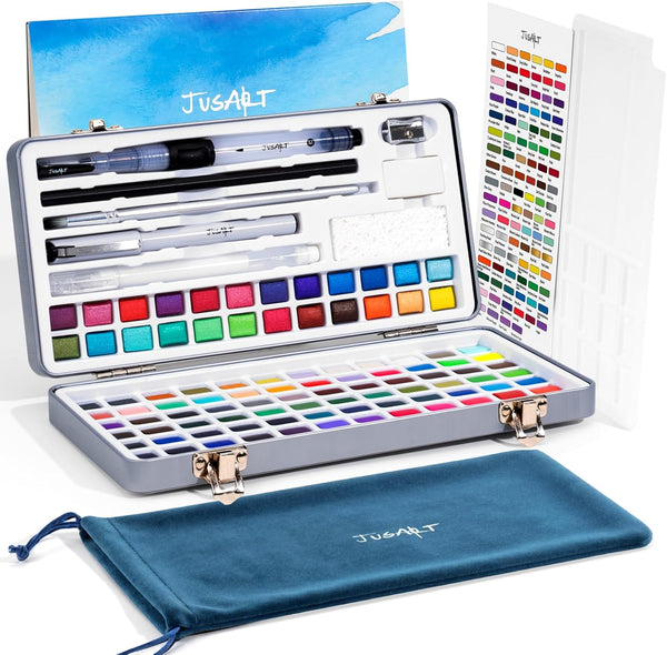 JusArt 108 Colors Watercolor Paint Set,Art Supplies with Metallic Color, Detail Painting