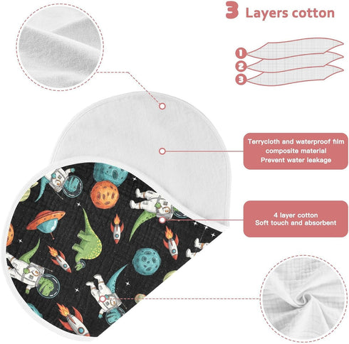 Qinllo 2 Pack 22"x11" Muslin Burp Cloths Space Dinosaur Spaceship Black Print Cotton Baby Burp Cloths Ultra Absorbent