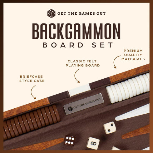 Get The Games Out Classic Backgammon Set - 2 Players - Best Strategy & Tip Guide - Available in Brown, Medium Sizes