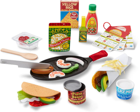 Melissa & Doug Fill & Fold Taco & Tortilla Set, 43 Pieces – Sliceable Wooden Mexican Play Food, Skillet - FSC Certified