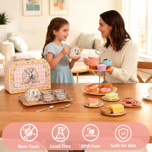 Set Set Playset 3-7 Tea Party for Girl, Tea Time Toys Including Tea Dessert Carrying Case, Kids Picnic Pretend