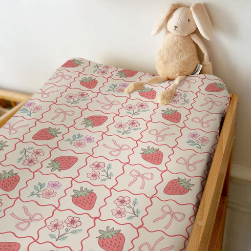 Summer 32''16'' Boho Strawberry Flowers Baby Changing Pad Covers for Boys Girls Strawberries Pink Bows Checkerboard