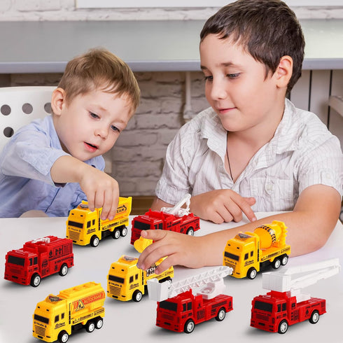 HSMQ 8 Pack Set, Pull Back Cars Vehicle Toys Fire Truck Construction Truck Model for Kids Boys Girls Toddler, Mini Pull