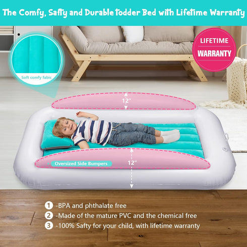 2 USHMA Inflatable Toddler Travel Bed, Portable Toddler Bed | Kids Air Mattress with Sides | Reversible Colors Kids