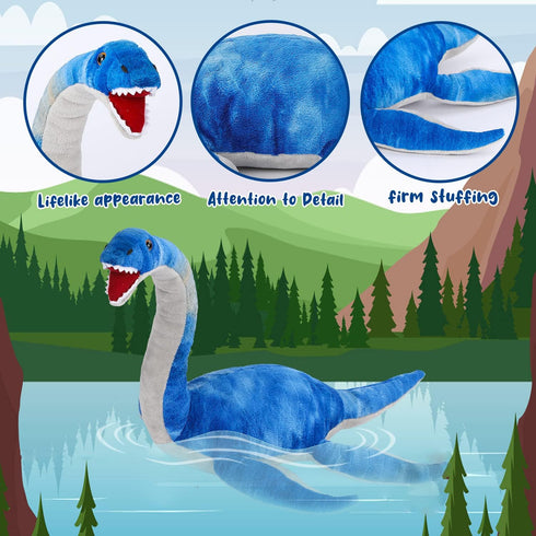 AULUDA Plesiosaurus Plush Toy, Dinosaur Stuffed Animal Throw Plushie Pillow Doll, Soft Blue Fluffy Friend Hugging
