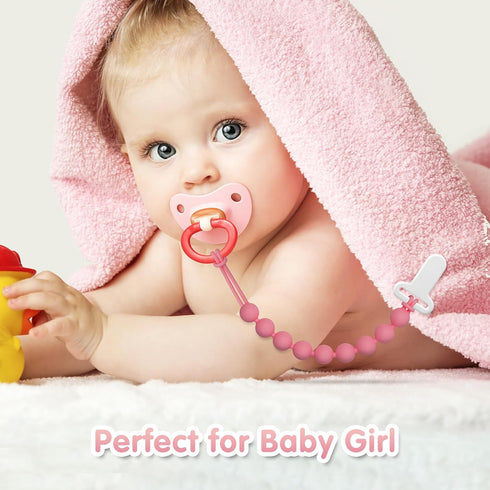 Draklary 4 Pack Pacifier Clips Baby Girls - Paci Clip Silicone Soothe Baby Binky Holder for Newborn Essentials Shower
